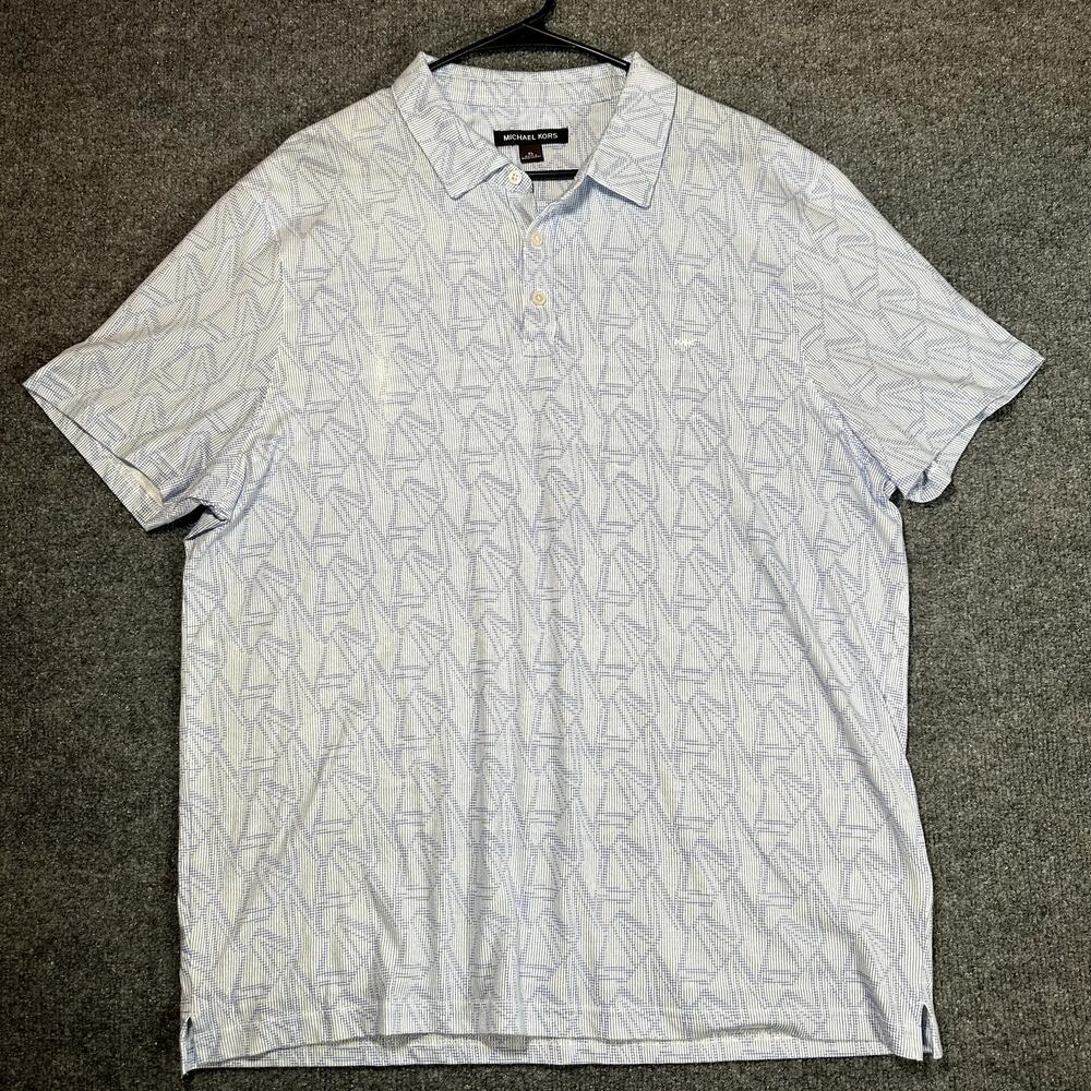 Michael Kors Men’s XL White Blue Geometric Print Polo Shirt 100% Cotton
